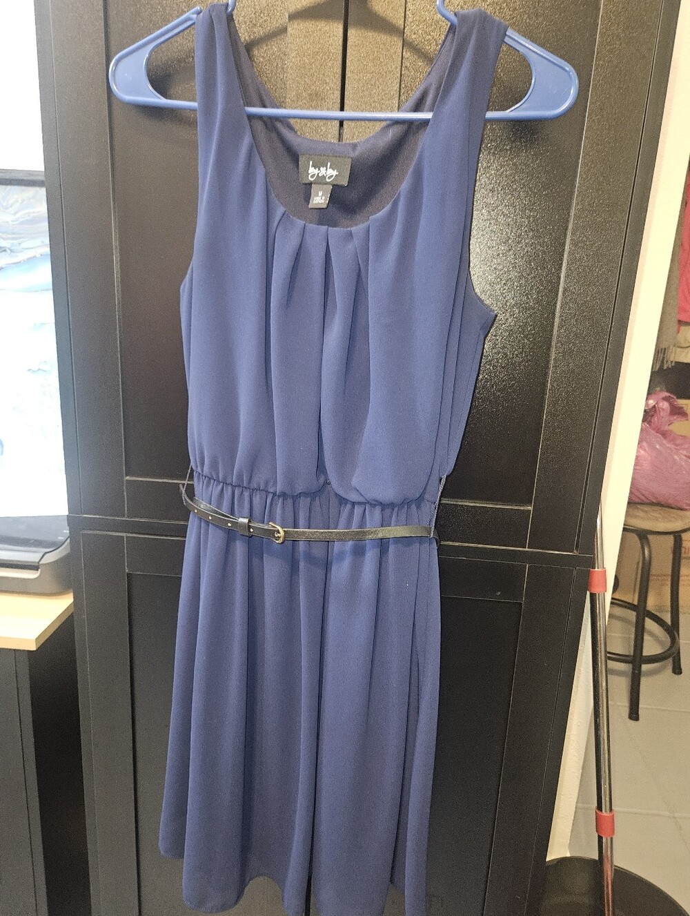 Navy Sleeveless Midi Dress with Slim Belt